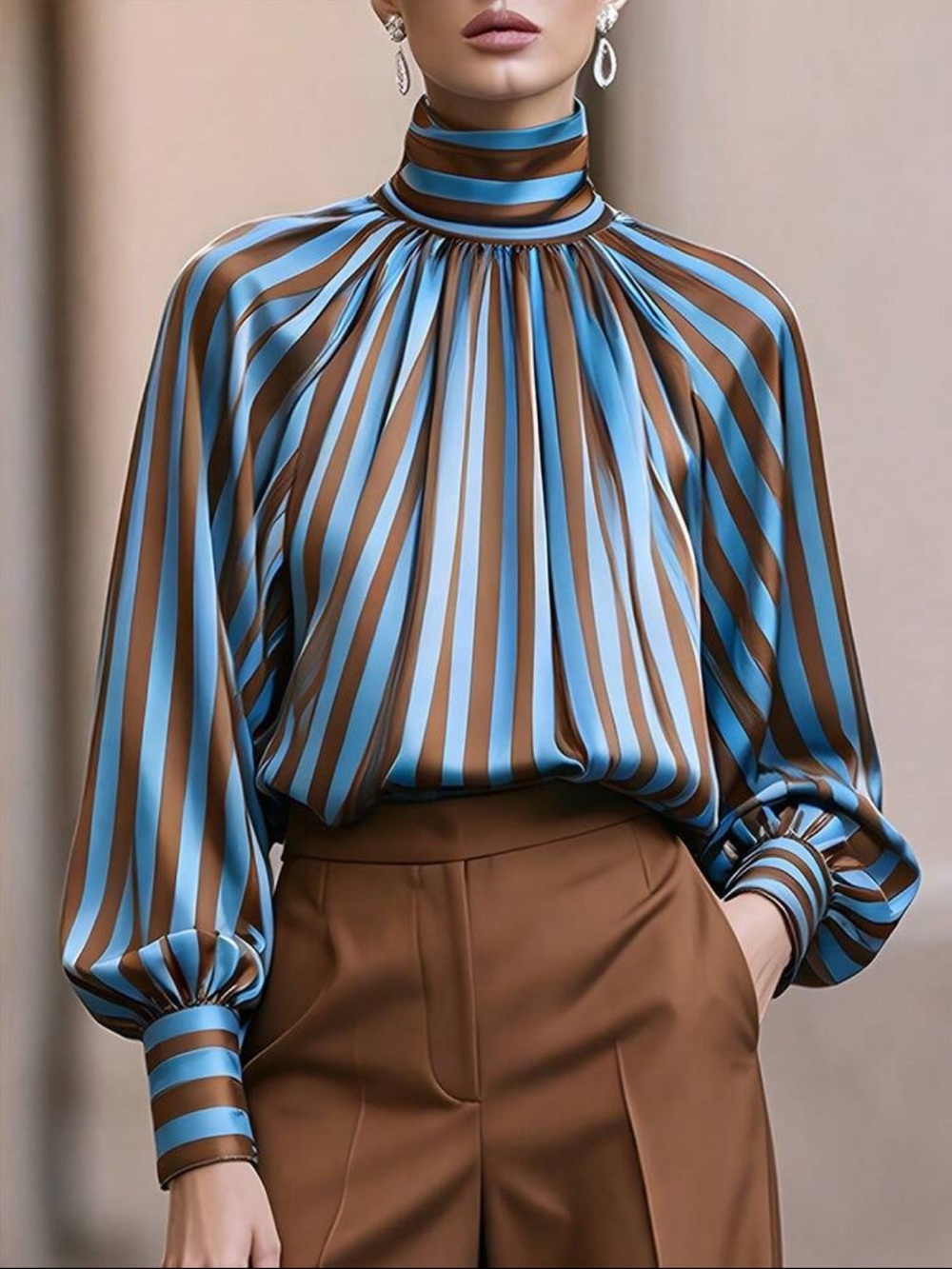 Elegant Striped High-Neck Top Shirt Blouse Blue Brown